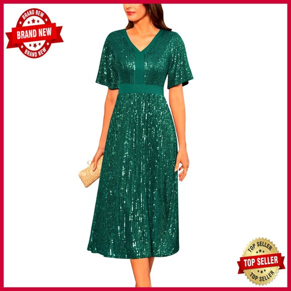 Sequin V Neck Ruffle Sleeve Empire Waist A Line Cocktail Formal Dress Elegant